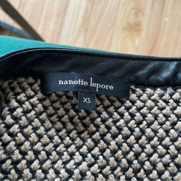 Nanette Lepore Tan Black Wool Knit Leather Trim Full Zip Sweater Jacket Size XS - Picture 7 of 10